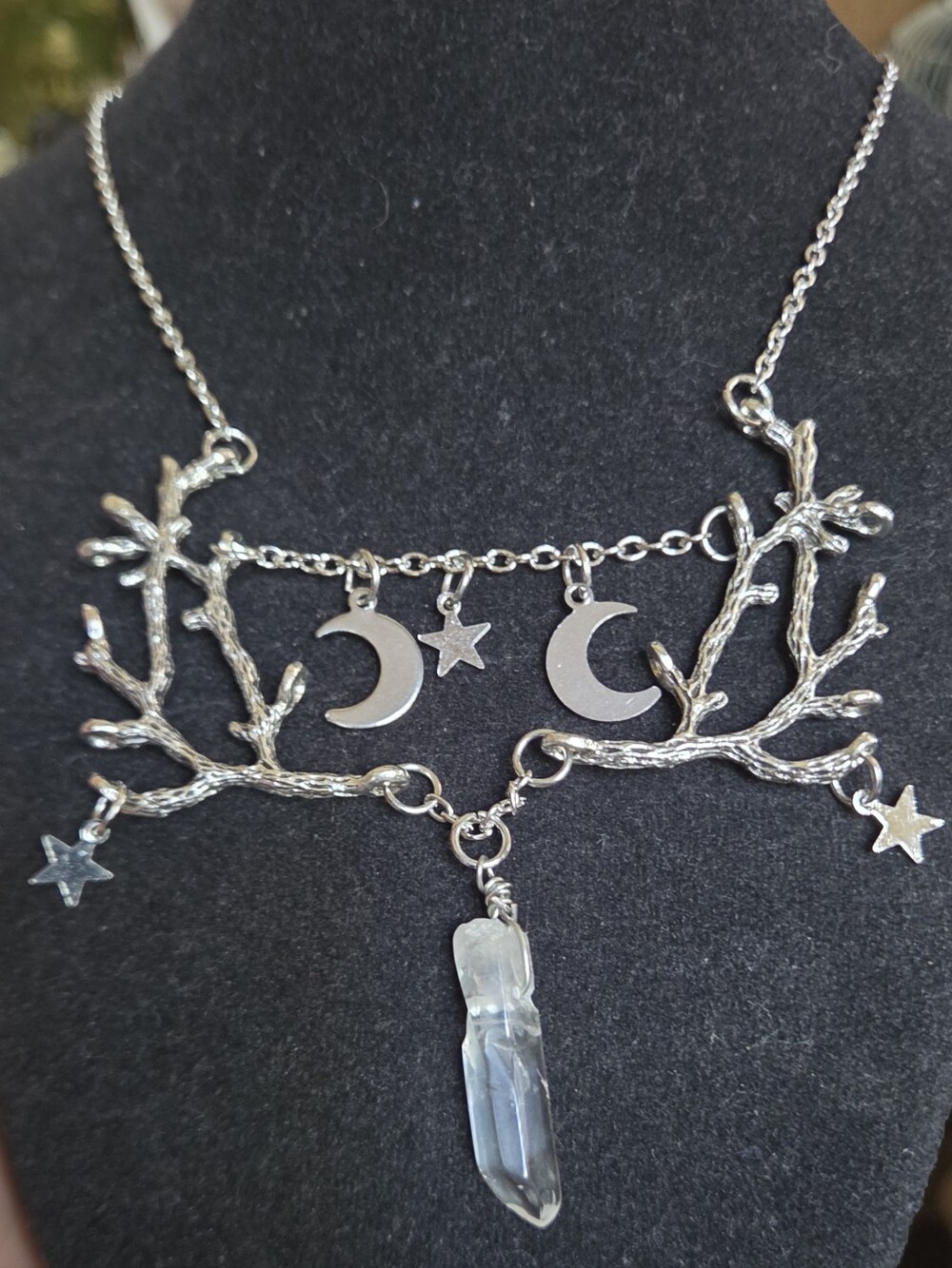 Silver Moon & Star Branch Necklace w/Quartz  Crystal Dangle 22" Adjustable - Picture 3 of 6